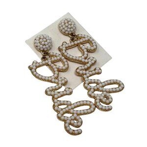 Bride Beaded Statement Earrings Goldtone White Dangling Design Wedding Post Back